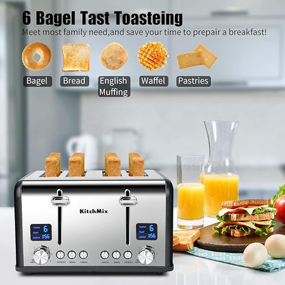 Toaster 4 Slice, Bagel Stainless Toaster with LCD Timer, Extra Wide Slots, Dual Screen, Removal Crumb Tray (Gray)