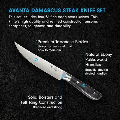 Messermeister Avanta Damascus Forged 5” Fine Edge Steak Knife Set - Rust Resistant & Easy to Maintain - Includes 4 Steak Knives