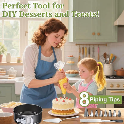 139PCS Springform Cake Pan Set - 4 Non-stick Cheesecake Pans(4/7/9/10-Inch) + Cake Decorating Supplies: Parchment Paper, Pastry Bags and Tips, Icing Scrapers, Cake Cutting Set & More!