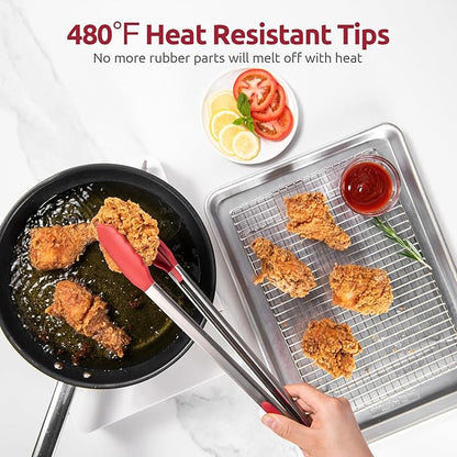Heat Resistant Silicone Kitchen Tong: U-Taste 16 inch Extra Long Large 480ºF Hot Proof Cooking Tong with Sturdy Non Stick Rubber Tips & Non Slip Silicon Coated Steel Handle for Grilling BBQ (Red)