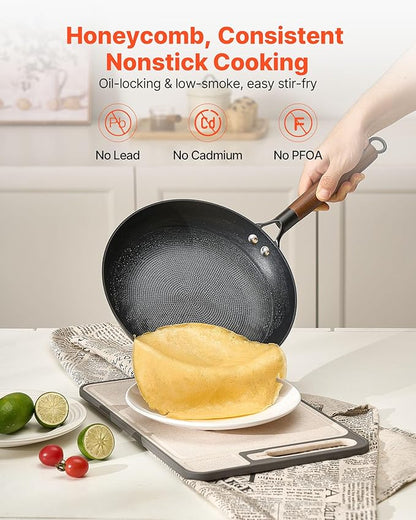 VEVOR Cast Iron Skillet, 3-Piece Frying Pan Set (8, 10, 12 in), Nonstick Skillets with Detachable Wood Handle, Pre-Seasoned Chef's Pan, Kitchen Cookware for Gas, Electrical, and Induction, Black