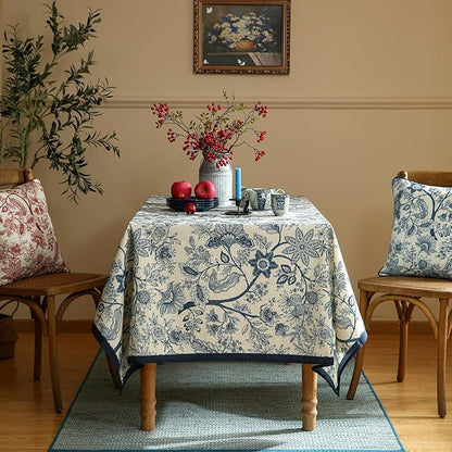 ISAENNE Designer French Linen Tablecloth Rectangular,Blue Floral Washable Indoor Table Cloth,Durable Home Decor Tablecloths for Dining Thanksgiving Kitchen Party Christmas,55"*87"-Ruyi B