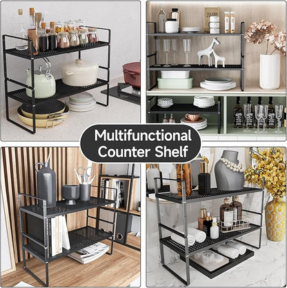 2Pack Expandable Cabinet Countertop Shelves 16.5-27’’L, Adjustable Metal Spice Rack Organizer, Stackable Kitchen Counter Storage Shelves Organizers for Cabinet Organization, Black