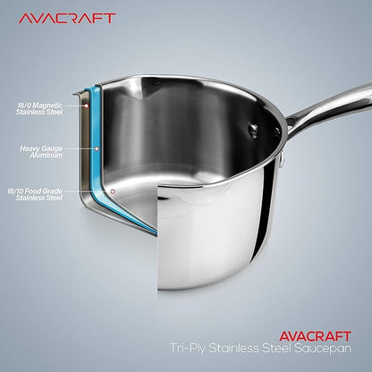 AVACRAFT Tri-Ply Stainless Steel Saucepan with Glass Strainer Lid, Two Side Spouts, Multipurpose Sauce Pan with Lid, Sauce Pot, Cooking Pot (Tri-Ply Full Body, 3.5 Quart)