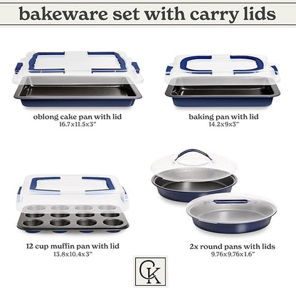 Country Kitchen Baking Pans Set - 10 Piece Non-Stick Cake Pans with Carry Lids for Easy Storage & Travel, Perfect for Parties - Stackable, Navy