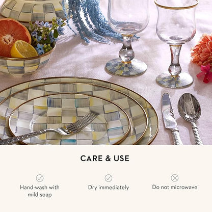 MACKENZIE-CHILDS 3-Piece Enamel Place Setting with 10-Inch Round Dinner Plate, 8-Inch Salad/Dessert Plate, and 7.5-Inch Breakfast Bowl, Gray-and-White Sterling Check