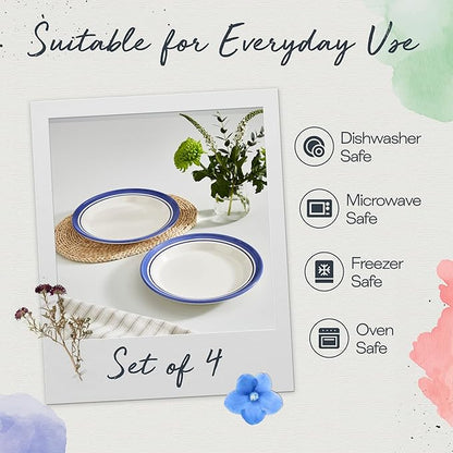 Portmeirion Potter's Stripe Dinner Plate (Set of 4) - 10.5" Earthenware Plates with Classic Striped Rim - Microwave, Dishwasher, Freezer, Oven Safe - Ideal Modern Dinnerware Set (Blue Stripe)