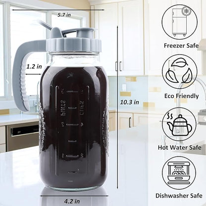 Cold Brew Coffee Maker 64 OZ Mason Jar Cold Brew Pitcher With Infuser 2 Quart Wide Mouth Iced Coffee Maker With Pour Spout Lid And Handle Half Gallon Airtight & Leakproof Pitcher For Fridge