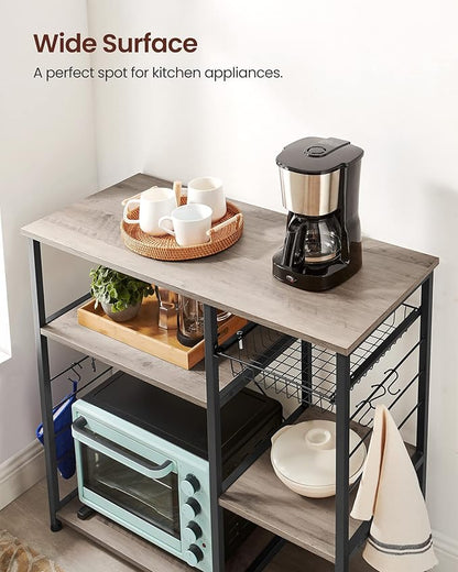 VASAGLE ALINRU Kitchen Baker’s Rack, Coffee Bar, Microwave Oven Stand, with Steel Frame, Wire Basket, 6 Hooks, for Mini Oven, Spices Utensils, Industrial, Greige and Black UKKS090B02