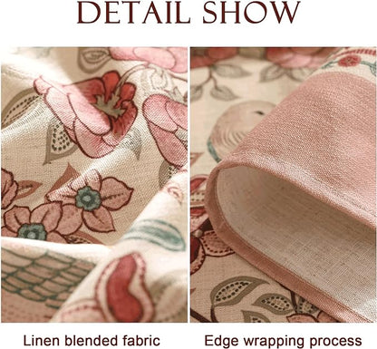 patdrea Designer Pink Linen Table Cloth for Rectangle Table,Vintage Floral with Birds Pattern Decorative Tablcloth,French Table Cover for Kitchen Dining,Thanksgiving,Christmas,63"x87"-Kulom a