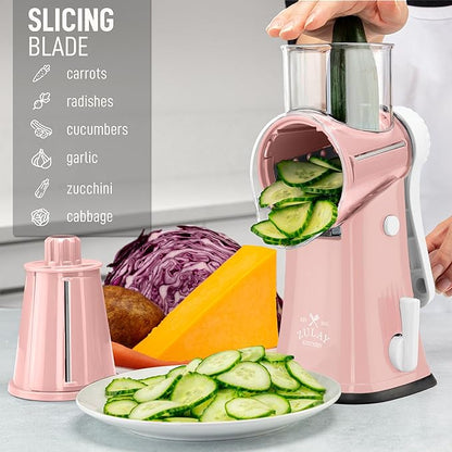 Zulay Kitchen Rotary Cheese Grater 5 Blade Cheese Shredder - Manual Hand Crank Cheese Grater With Reinforced Suction & 5 Interchangeable Drums - Easy to Use, Vegetable Chopper Round Mandoline Slicer