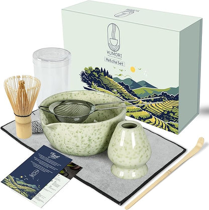 6 Pcs Matcha Whisk Set | Matcha kit with Mottled Green Bowl, Bamboo Whisk, Scoop, Sifter, Holder for whisk & Cleaning Cloth, Traditional Matcha Set in Magnetic Gift Box