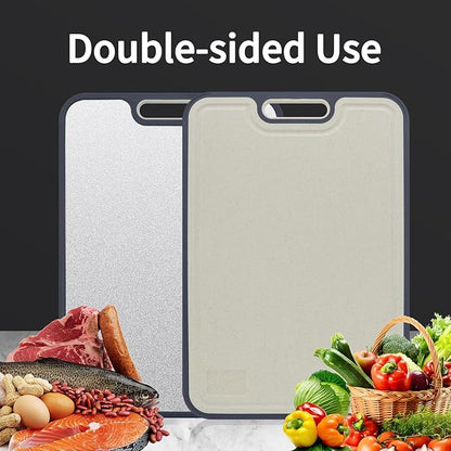 Titanium Cutting Board for Kitchen，100% Double Sided Solid Pure Titanium Cutting Board with Juice Groove &Wheat Straw PP Chopping Board Food Grade (Medium (15''×11‘’ Inche))