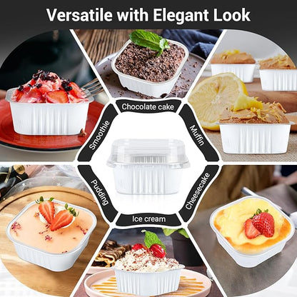 EUSOAR Disposable Ramekins with Lids, 10oz 100pcs Aluminum Foil Baking Cups, Creme Brulee Cups, Muffin Cups for Baking, Square Cupcake Pans, Mini Cake loaf Bread Containers