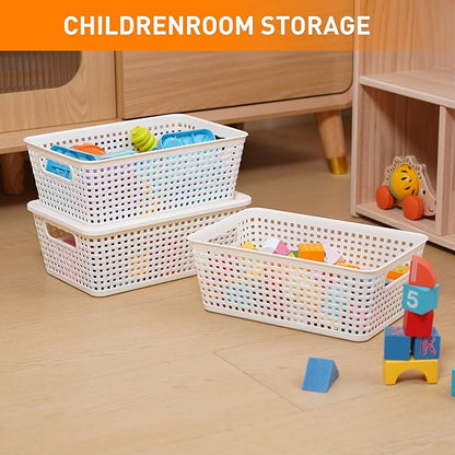 Plastic Storage Baskets With Lid, Storage Bins for Organizing, Stackable Decorative Containers for Shelves Drawers Desktop Closet Playroom Classroom Office, 6 Pack- White