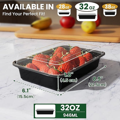 32oz Meal Prep Containers [50-Pack], Reusable Bento Box with Easy-Snap Leakproof Lids - Microwave, Dishwasher & Freezer Safe Food Storage, BPA-Free Plastic Lunch Containers (Black)