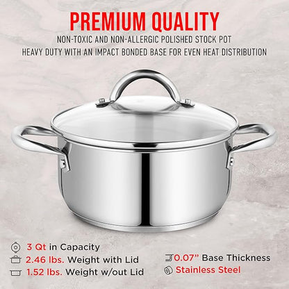 Stainless Steel Stockpot with Tempered Glass Lid 3 Quart, Durable 18/0 Stainless Steel, Impact-Bonded Base for Even Heating, Riveted Handles, Oven & All Stove Compatible, Safe Up To 500°F (260°C)