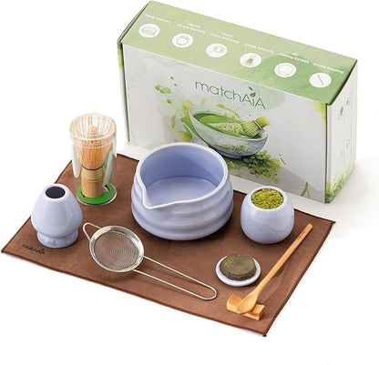 Matcha Whisk Set - Ceramic Bowl, Bamboo Whisk with Holder, Storage Canister, Sifter, Schima Spoon with Rest, Tea Towel - 8 Pcs Complete Kit for Traditional Matcha and Modern Lattes (Purple)