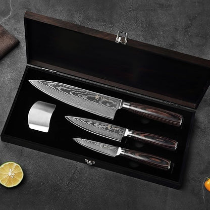 Wakoli ESE 3-Piece Damascus Knife Set – Professional Chef’s Knives | 67-Layer VG10 Core Steel | Ergonomic Pakkawood Handles | Premium Kitchen Knives in Wooden Gift Box