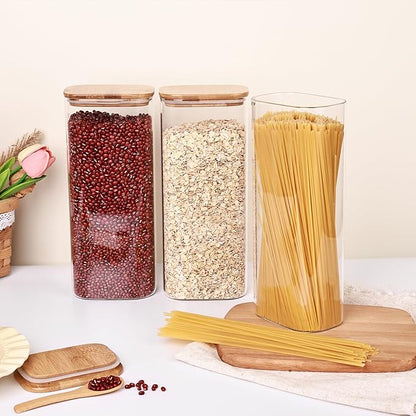 Liuruiyu Glass Storage Jars Set of 3, Clear Glass Food Storage Containers with Airtight Bamboo Lid Stackable Kitchen Canisters for Candy,Cookie,Rice,Sugar,Flour,Pasta(Flat)