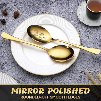 8 Piece Stainless Steel Serving Spoon Set - 4 Large, 4 Slotted,Dishwasher Safe,10-Inch,Gold, for Parties/Kitchen/Buffet/Catering