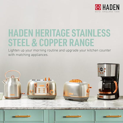 Haden Heritage 4 Slice Wide Slot Stainless Steel Toaster Bundled with 12 Cup Programmable Drip Coffee Maker Coffee Machine, Steel & Copper