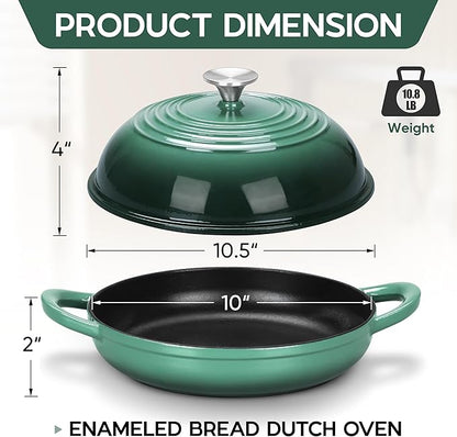 E-far Dutch Oven for Sourdough Bread Baking, 6 Qt Round Enameled Cast Iron Dutch Oven for Homemade Artisan Bread, Dome Lid & Shallow Base, Matte Black Interior & Durable, Oven-Safe to 500℉, Dark Green