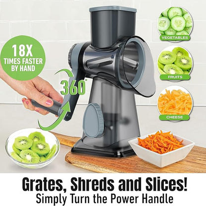 Cheese Grater Hand Crank Rotary Vegetables Shredder with Handle, 3-in-1 Graters with Interchangeable Blades and Strong Suction Base Multifunctional Slicer for Kitchen