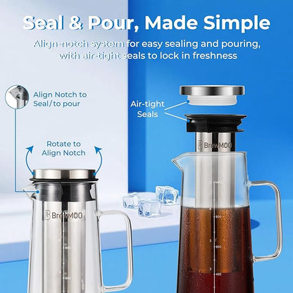 BrewMOO- Airtight Cold Brew Coffee Maker Pitcher, 1.0L/34Oz Thick Glass Carafe with Filter, Comfort Sturdy Handle & Wide Spout, Non-Slip Base | Iced Tea Maker (Black)