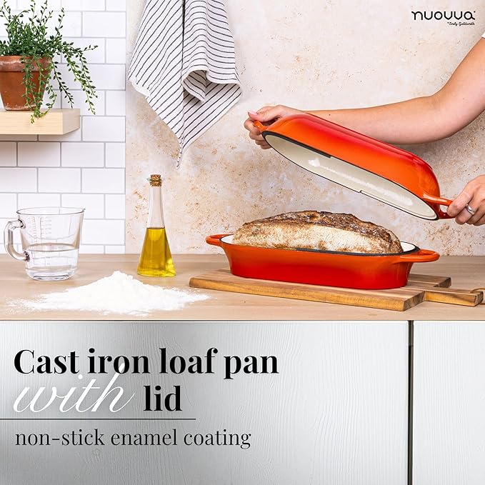 Enamelled Cast Iron Bread Loaf Pot – Dutch Oven For Sourdough Bread Baking – Oven Safe Non Stick Bread Pot – Rectangular, Orange, 34cm x 16cm – by Nuovva