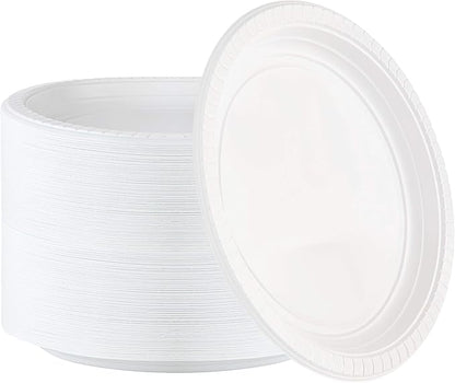 PLASTICPRO 9 inch Round Plastic Plates Microwaveable, Disposable, White, Dinnerware 200 Count