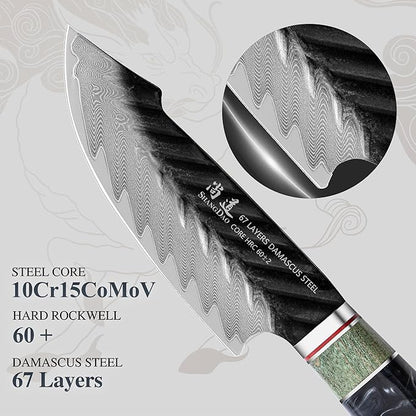 SHANGDAO Damascus Utility Knife 4.8 Inch Fruit Knife with Leather Sheath 67 Layers Alloy Steel Peeling Cutter - Hand Forged Resin & Wood Handle QILIN Series