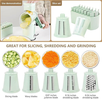 Rotary Cheese Grater with Handle Vegetable Shredder with 5 Interchangeable Blades, Kitchen Food Slicer and Chopper with Strong Suction Base for Fruit Vegetables Nuts with Blade Storage Box (Green)