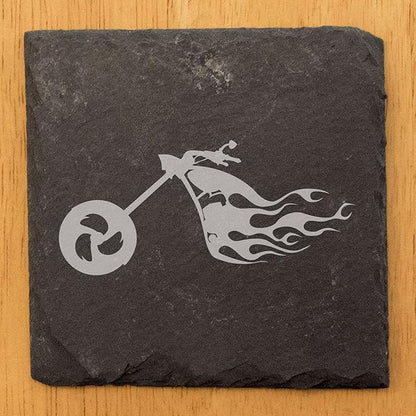 Ride The Fire: Flaming Chopper Motorcycle Coasters - Square Slate - Set of 4