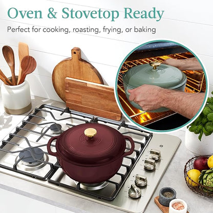 Best Choice Products 6 Quart Enamel Cast-Iron Round Dutch Oven, Family Style Heavy-Duty Pre-Seasoned Cookware for Home, Kitchen, Dining Room, Oven Safe w/Lid, Dual Handles - Cabernet Red