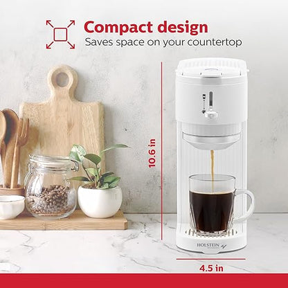 Holstein Housewares 2-in-1 Single Serve Coffee Maker, Dual Brew, Compatible with K-Cup Pods & Ground Coffee, Reusable Filter Included, Compact Drip Coffee Machine, 14oz Tank, Fits Most Cups - White
