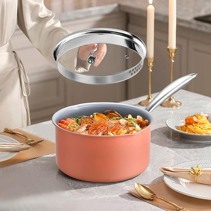 Nonstick Ceramic Saucepan 2.5 Qt,Sauce Pot with Strainer Lid,Two Side Spouts for Easy Pour with Ergonomic Handle,Non Toxic,PTFE &PFOA Free - Oven Safe Compatible with All Stovetops,Perracotta