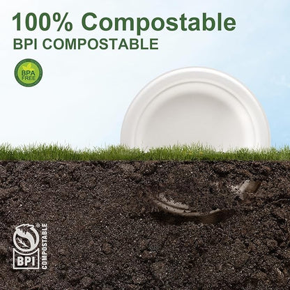 WELLIFE 7 Inch Paper Plates, 125-Pack Small Dessert Paper Plates Bulk, 100% Compostable Biodegradable Bagasse, Eco-Friendly Disposable Plate for Dessert,BBQ,Picnic,Party (BPI Certified,Microwaveable)