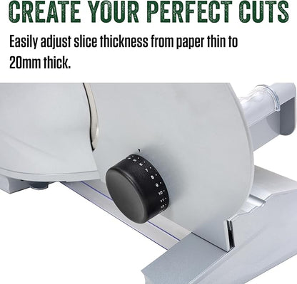 LEM Products 8 ½ Inch Aluminum Electric Meat Slicer Machine, Includes Two Stainless Steel Blades, Serrated and Fine, Silver