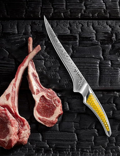 7 Inch Fillet Knife, Japanese VG-10 Damascus Steel Kitchen Fish Knife, Ultra Sharp Boning With Full-tang Handle in Yellow Resin, LA-S9 Series