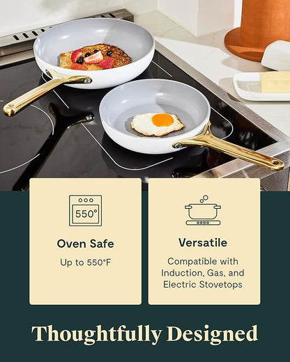 Caraway Ceramic Fry Pan Duo with Glass Lids - Non-Stick Frying Pans (10.5” & 8”) - Non Toxic, PTFE & PFOA Free - Oven Safe & Compatible with All Stovetops – Marigold