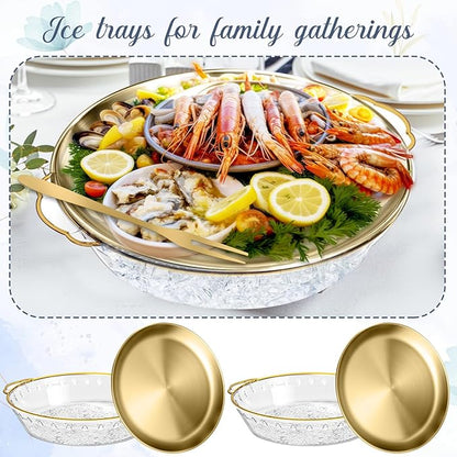 Baderke 4 Sets 11.8" Chilled Serving Tray for Parties Round Iced Platter with Ice Underneath Stainless Steel Clip Fruit Fork Shrimp Cocktail Serving Dish for Oysters Crawfish Fruits (Gold)