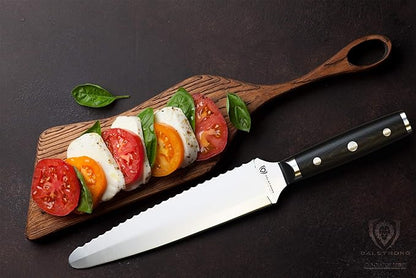 Dalstrong Dual Chef Knife - 8 inch - Gladiator Series Elite - Straight+Serrated Edge - Forged High Carbon Steel Sharp Kitchen Knife - Full Tang Knife Gift- Black G10 Handle - Sheath - NSF Certified