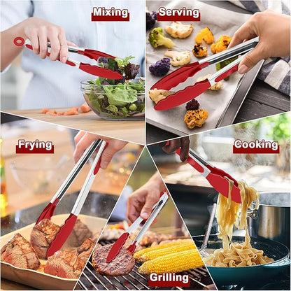 TeamFar Kitchen Tongs, 9" and 12" Stainless Steel Cooking Tongs with Silicone Tips for Cooking Grilling Serving & BBQ, Heat Resistant Silicone Tongs, Locking Design & Dishwasher Safe, Set of 2 & Red