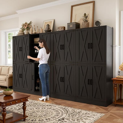 Unikito Kitchen Pantry Cabinet with Farmhouse Barn Doors and Storage Drawer, 8 Adjustable Shelves, Freestanding Tall 71" Cupboard for Dining Room, Living Room, Utility Room, Black 2 Pack