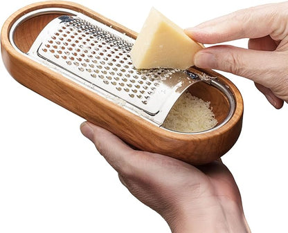 Cheese Grater with Container - Stainless Steel Cheese Grater with Cherrywood Serving Bowl - Fine Shredder Kitchen for Hard Cheese, Spices, and Zesting - Italian Kitchen Gadgets by Kings County Tools