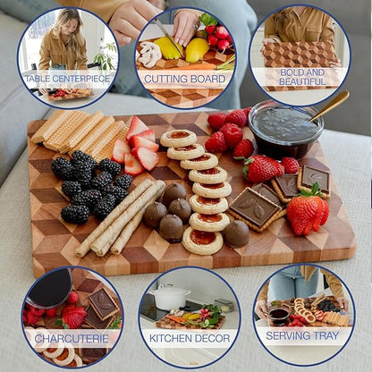 End Grain Wooden Cutting Board for Kitchen 15"x 11" - Walnut Hardwood Chopping Block with Non Slip Grips - Ideal for Charcuterie & Meat Butcher - Handmade 3D Design Wood (0.75" Thick, Large)