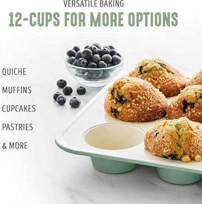 GreenLife 12-Cup Muffin Pan, Healthy Ceramic Nonstick Bakeware, PFOA & PFAS-Free Cupcake Tray, Durable Baking Pan, Versatile Kitchen Essential, Easy Clean Muffin Mold, Nonstick Baking Sheet, Sage