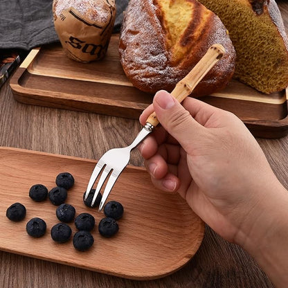 8-Piece Natural Bamboo Small Dessert Forks, 6.3 Inches Stainless Steel with Bamboo Handle, Cake Forks