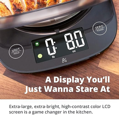Greater Goods Digital Food Scale with Bowl, 11lb to 5kg Capacity, Grams and Ounces, Tare Function, 4 Units for Baking, Meal Prep, Weight Loss, Stainless Steel